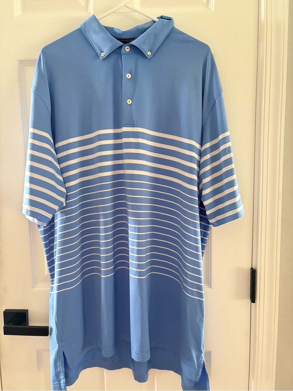 Peter Millar Blue Polo with White Horizontal Stripes